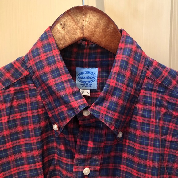 MERCER & SONS USA Pinpoint Tartan Red and Navy Oxford Check Shirt, 15.5 x 35 - Picture 3 of 10